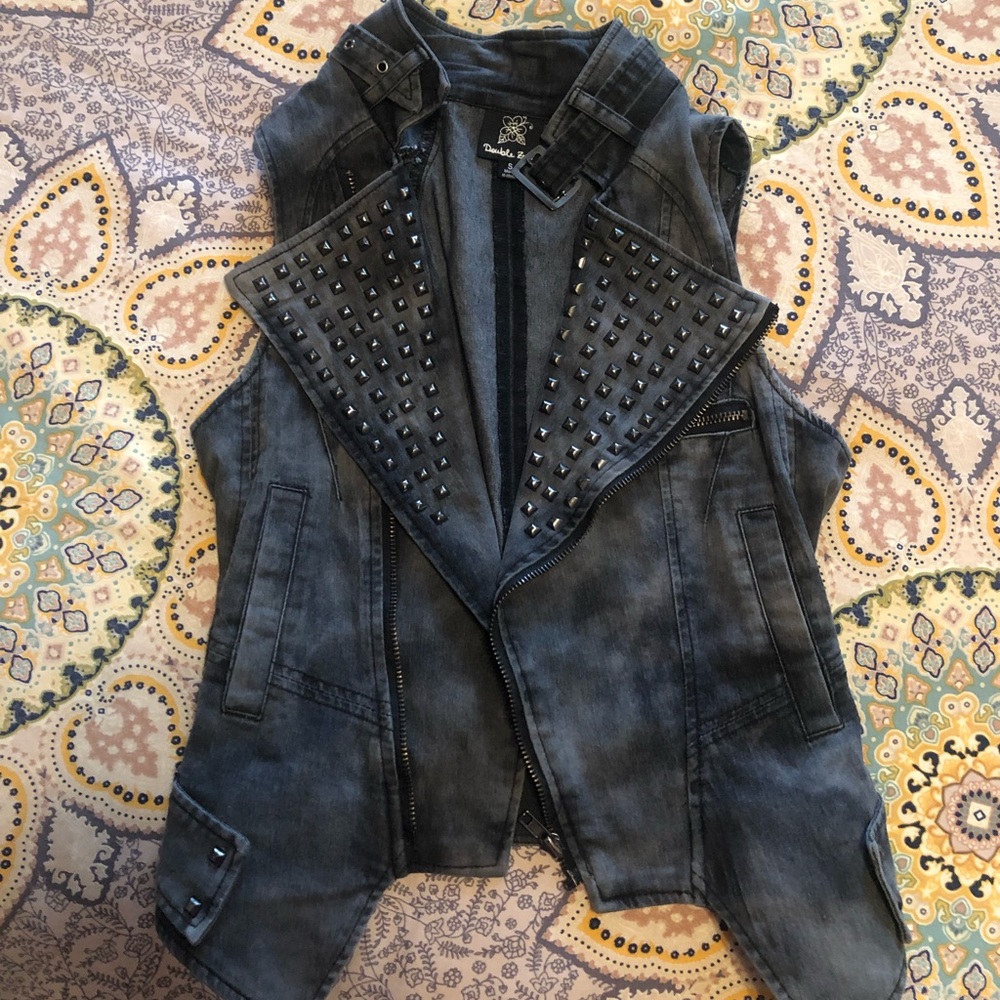 Grey tie dye denim studded vest.